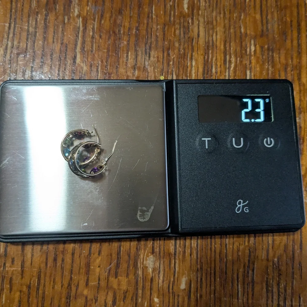 Sold ♥️14k Yellow Gold Amethyst Peridot Blue Topaz Multi-Gemstone Hoop Earrings - Picture 12 of 16